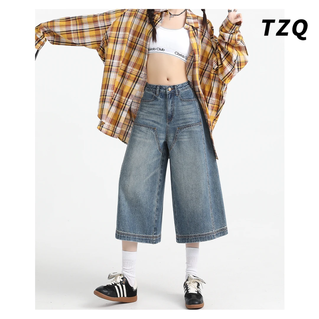 美式复古七分牛仔裤女阔腿裤夏季新款宽松垂感直筒中裤TZQ2551943