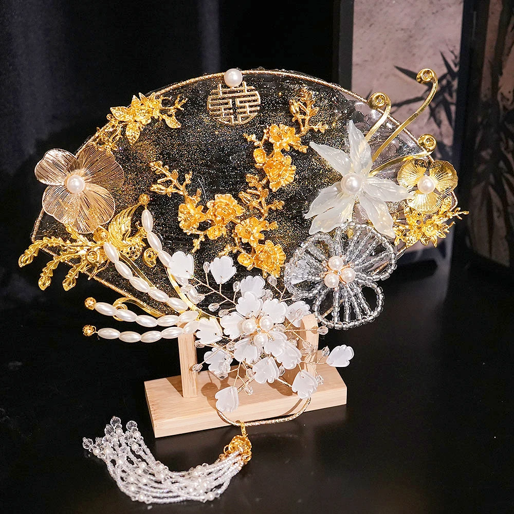 水扇晨袍中式扇子新娘遮面手捧花古风结婚秀禾团扇婚礼出嫁喜扇成