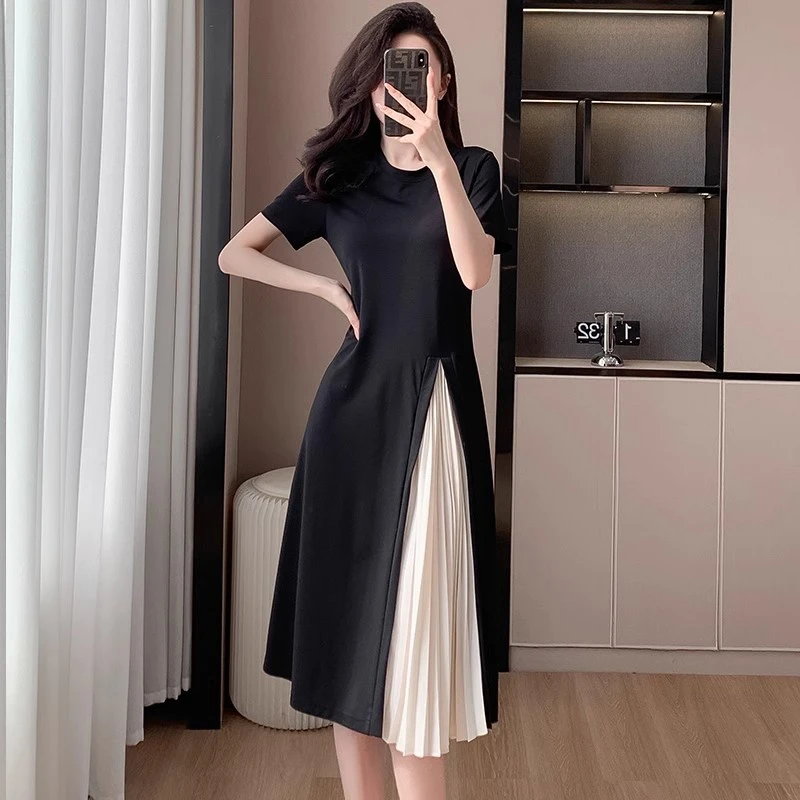 大码法式连衣裙夏季胖mm高级小众设计不规则显瘦轻熟御姐风拼接裙