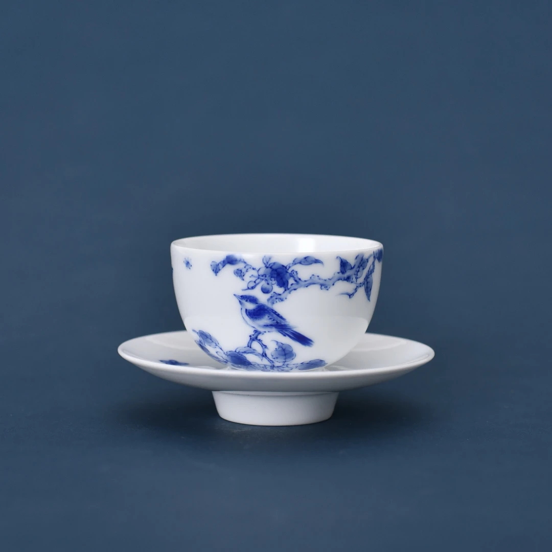 景德镇九段烧九段妙手花鸟杯碟杯托组手工青花茶杯节日送礼主人杯