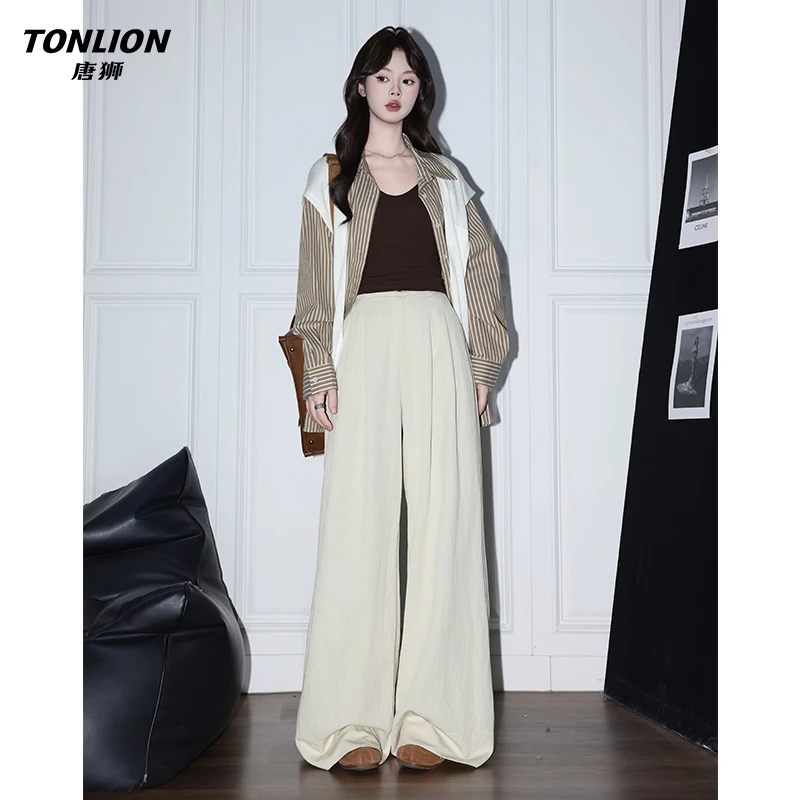 唐狮慵懒杏色高腰宽松休闲裤女秋季新款美式垂感梨形身材阔腿裤