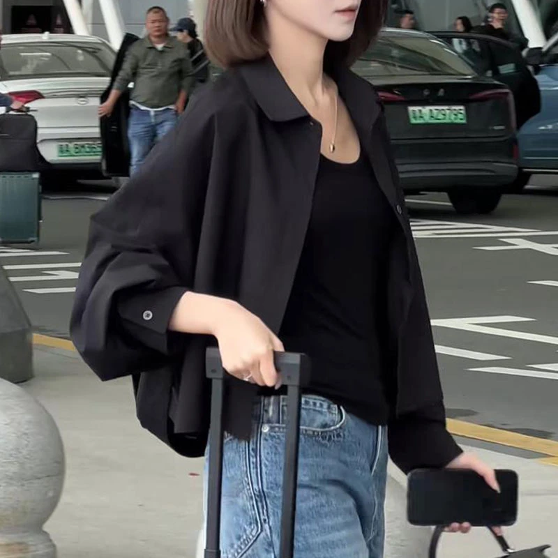 时尚气质POLO领显瘦衬衫女士2025早秋新款百搭黑色衬衣高级感上衣