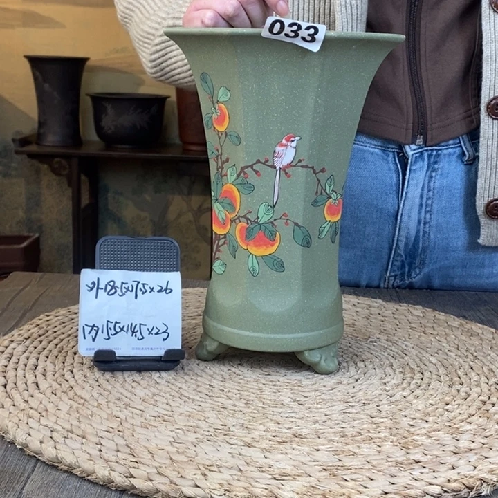 紫砂花盆 超精品果绿彩绘八方033