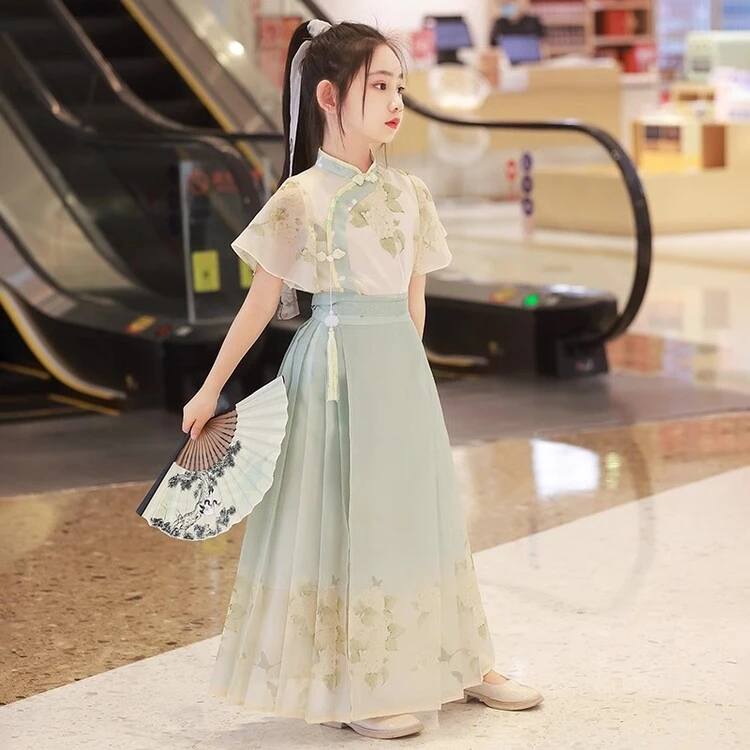 女大童夏季汉服马面裙套装2025新款新中式女孩国风古装薄款连衣裙