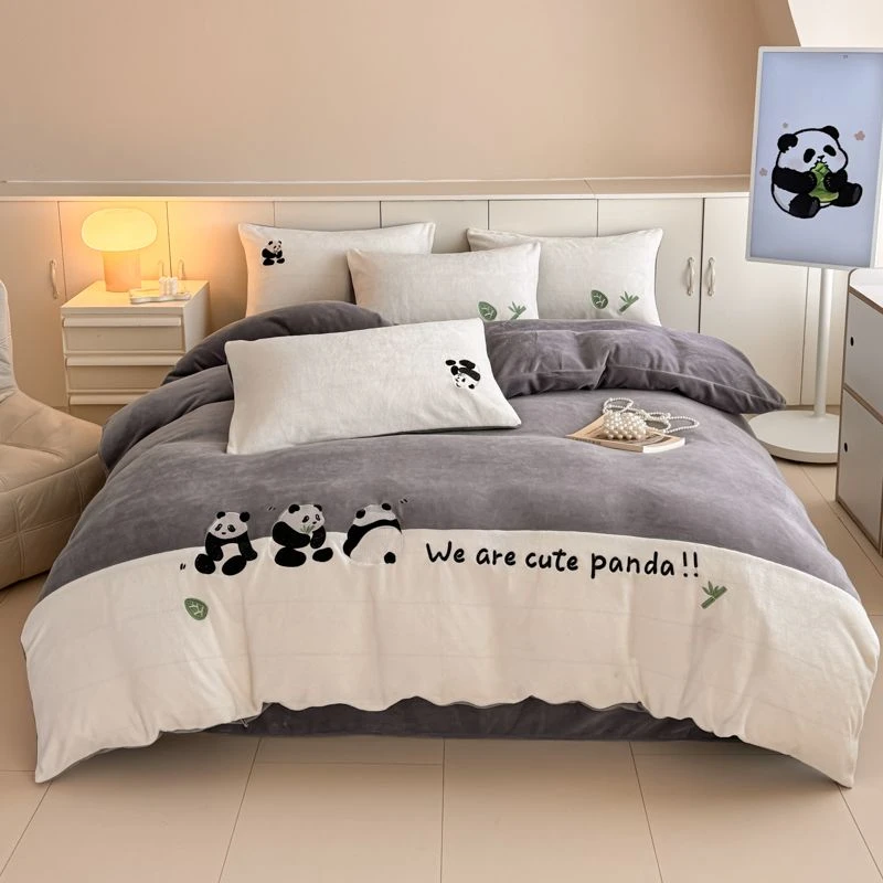 LM 0966 新款牛奶绒刺绣四件套 胖达-夜幕灰