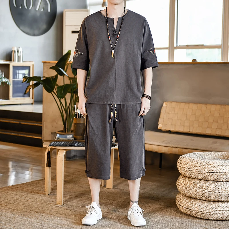 中国风刺绣t恤男士夏季潮牌宽松亚麻短袖套装复古盘扣短裤两件套