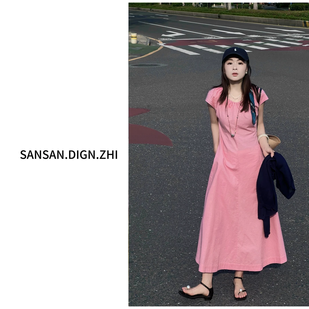 三三【精致赫本】亚麻棉连衣裙领口褶皱收腰松弛感老钱风高级