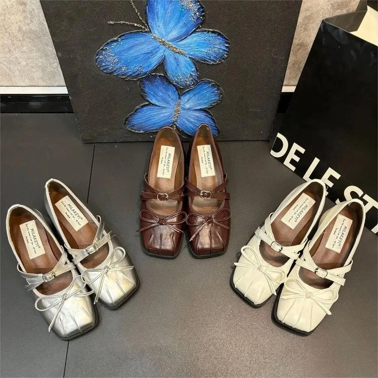 2025年春夏新款方头蝴蝶结粗跟玛丽珍单鞋7838
