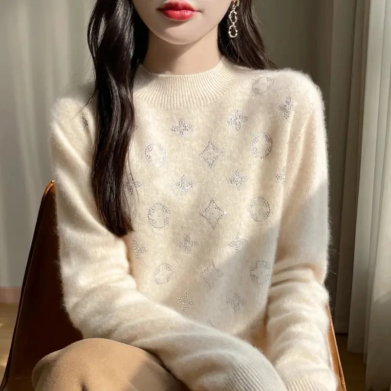 【100%羊毛】25冬季新款针织半高领四叶草镶钻宽松女羊毛衫百搭内搭