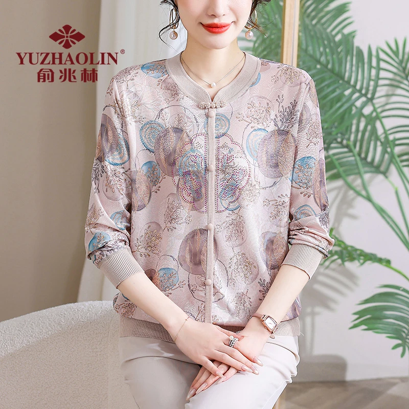 俞兆林新中式妈妈女装T恤旗袍领中老年针织打底衫2025新款小衫女