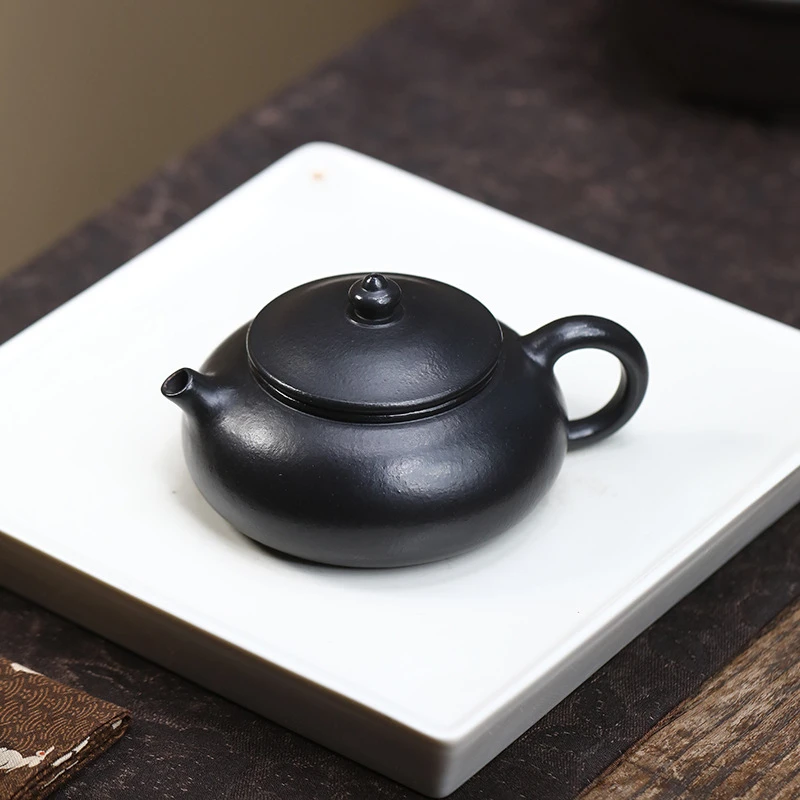 宜兴紫砂壶  原矿朱泥捂灰黑色茶具寒江壶150cc功夫茶具套装家用