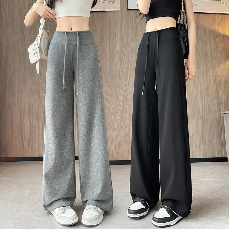 灰色运动裤女夏爆款2025年新款高腰垂感显瘦直筒窄版休闲阔腿卫裤