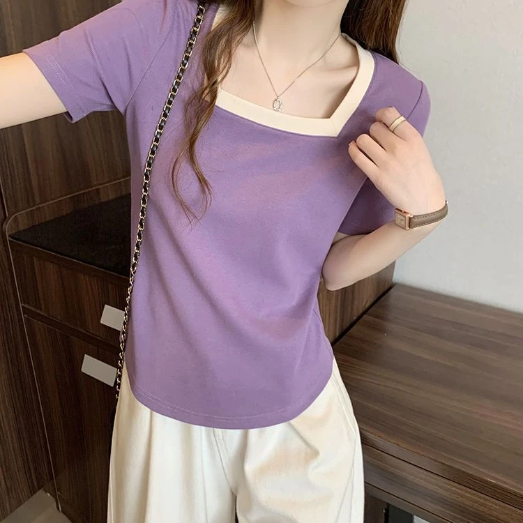 夏季纯欲撞色方领短袖T恤上衣胖MM宽松大码女装正肩半袖体恤200斤