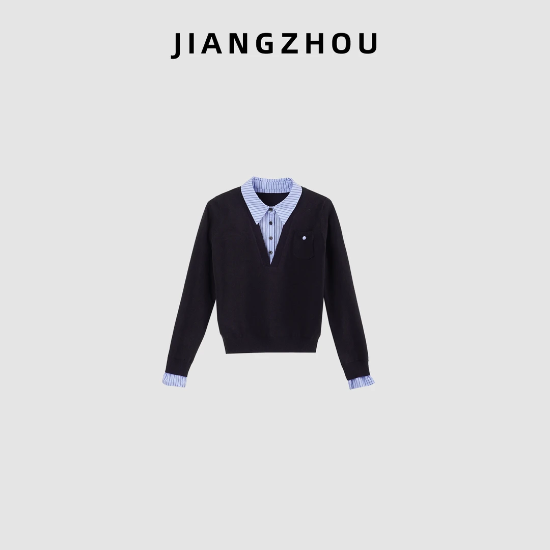 江洲【蓝彦】秋冬新款精致条纹衬衣拼毛织假两件设计款长袖羊毛衫