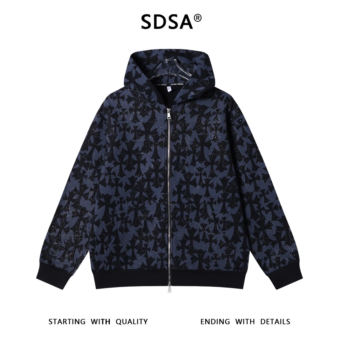 SDSA男士秋冬新款痞帅男装满天星撞色十字拉链连帽卫衣百搭外套潮