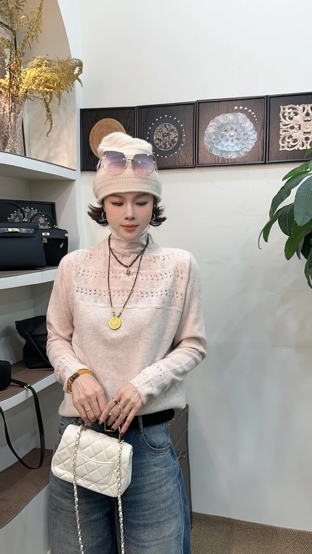 YUANJIE冬季新款重磅设计感钩花纯色山羊绒针织衫