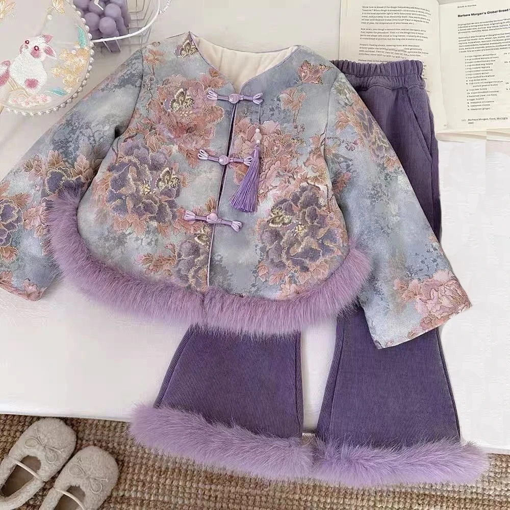 【思晨家】 女童冬季加绒秋冬中国风儿童唐装新中式加绒加厚套装