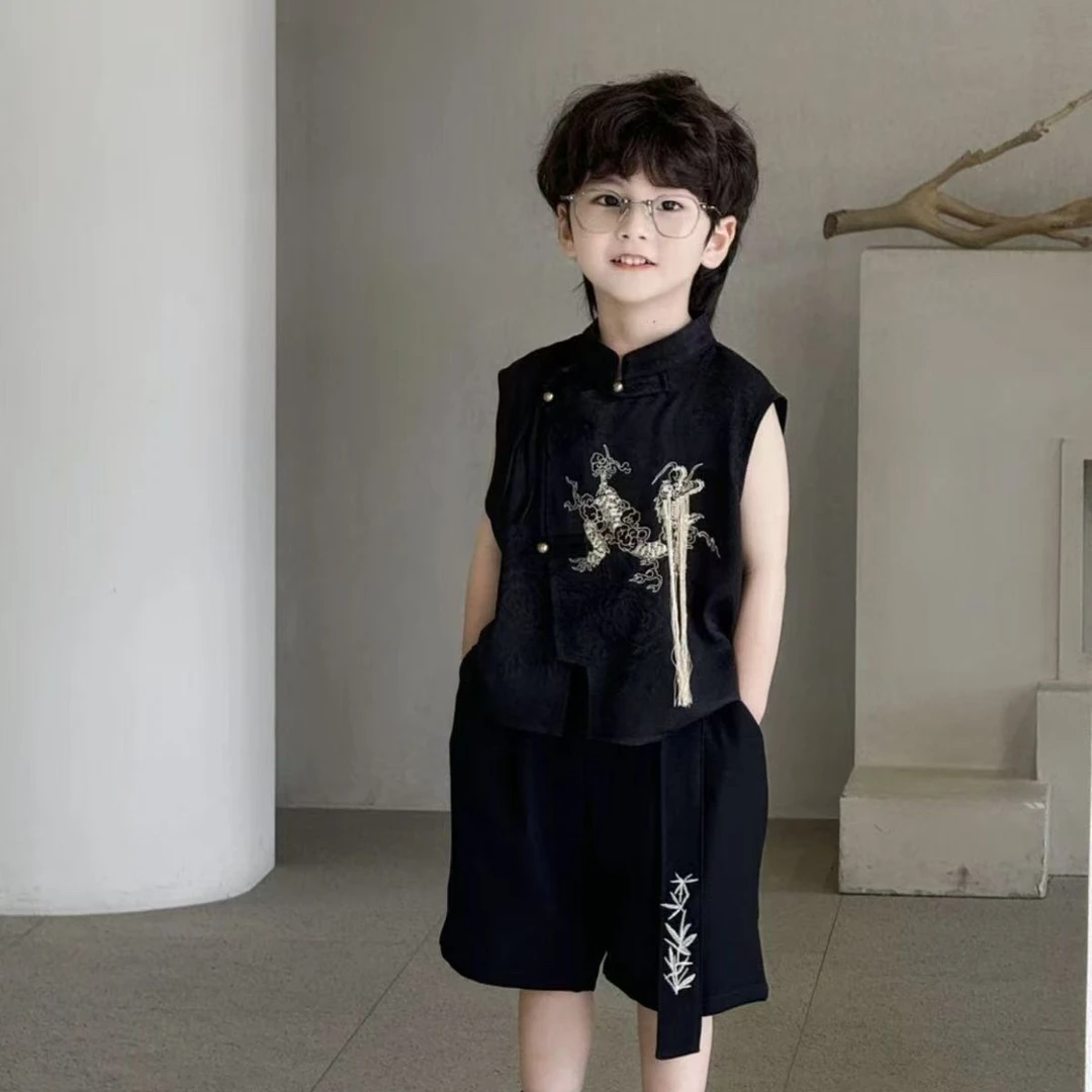 男童汉服套装国风刺绣马褂背心儿童新中式主持演出服花童周岁礼服