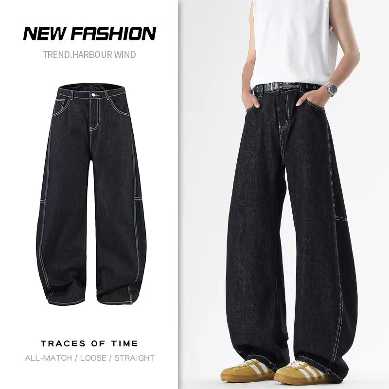 夏季新款上新宽松弯刀牛仔长裤街头潮品纽扣款夏季穿搭弯刀牛仔裤