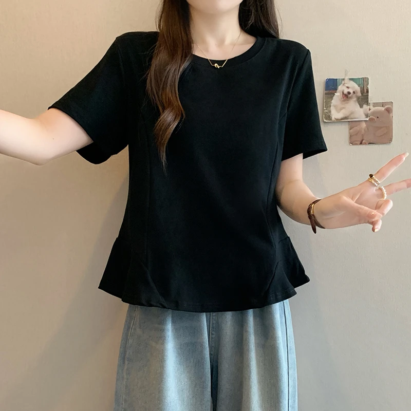 设计感荷叶边短袖t恤上衣女夏季微胖mm大码遮肚子宽松显瘦打底衫