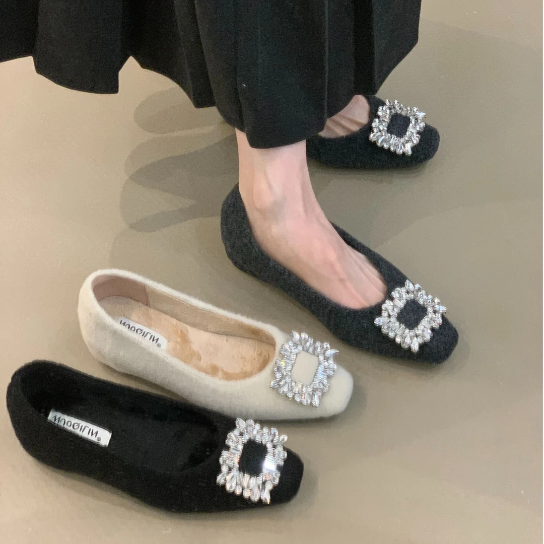 NQL-612-3法式内增高单鞋女鞋子秋冬水钻方扣毛呢加绒通勤鞋棉鞋