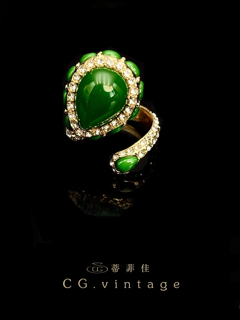 铜合金琉璃戒指 【0186】气质绿色复古vintage镶嵌银戒满绿古法