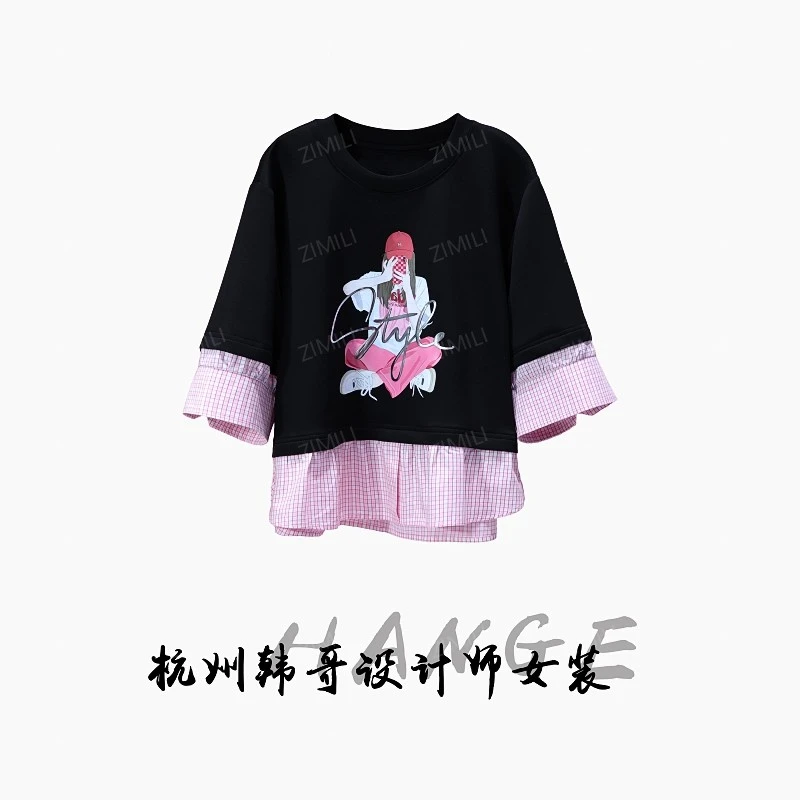 【韩哥女装】2025欧版设计暗夜黑印花时尚拼接衬衫高克重短袖8861