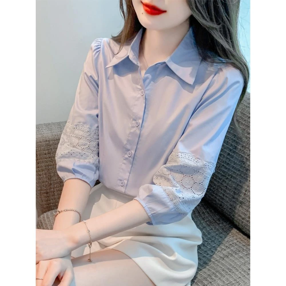 2025秋季新款七分袖衬衫女士时尚洋气小个子中袖上衣修身纯棉衬衣