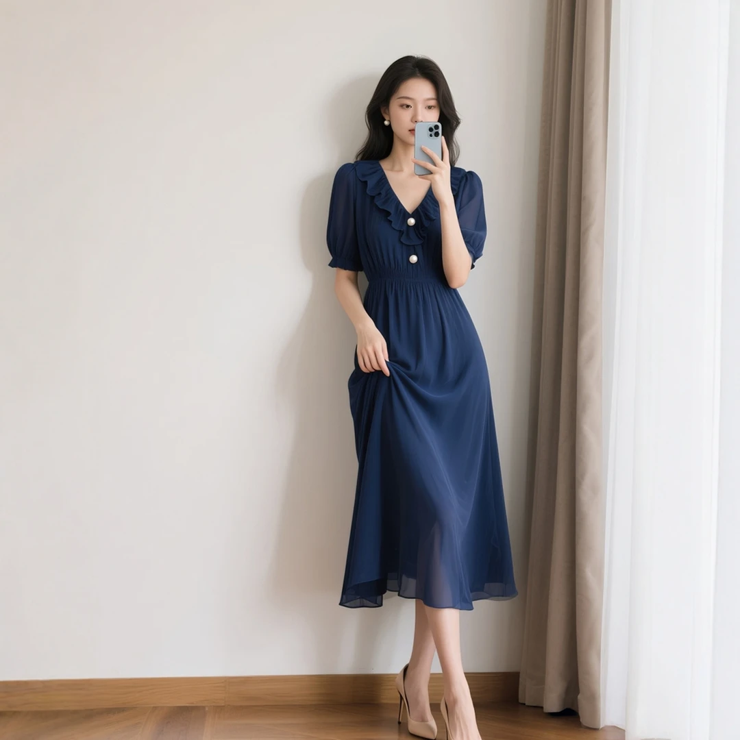 2025夏装新款女装时尚穿搭轻熟风女士通勤收腰雪纺连衣裙法式复古
