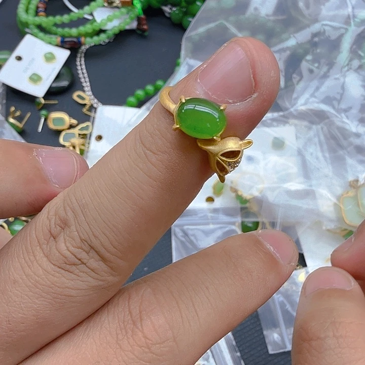 和田玉（碧玉）戒指银S925镀金镶嵌