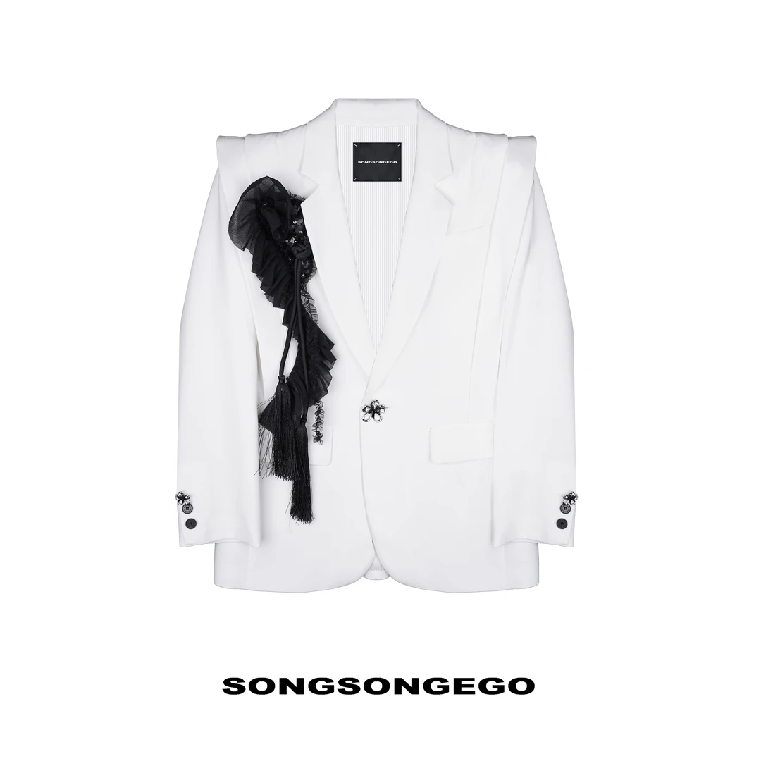 SONGSONGEGO独立原创小众设计师荷叶边飘带宝塔肩西服外套45547