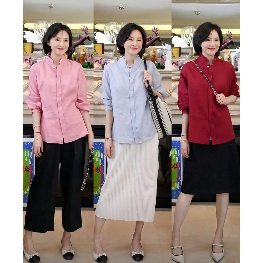 我是摩羯 虞美人 法国进口100亚麻立领竹节肌理秋新中式衬衫