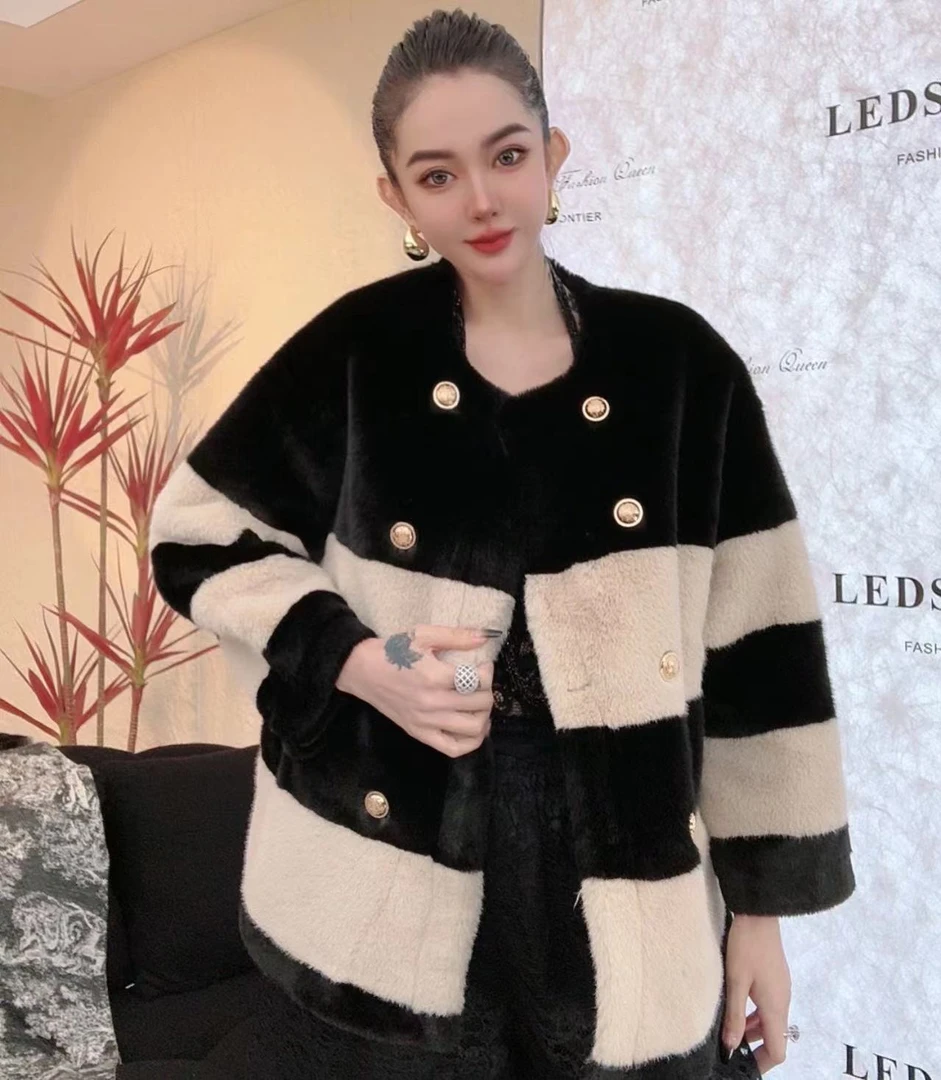 LEDS 86005反季新款气质百搭撞色多扣毛毛短外套