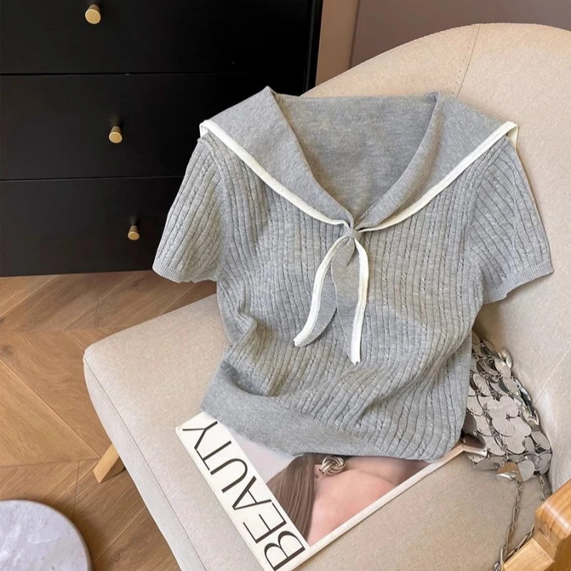 学院风减龄短袖针织衫女夏季新款小众设计感海军领洋气独特上衣