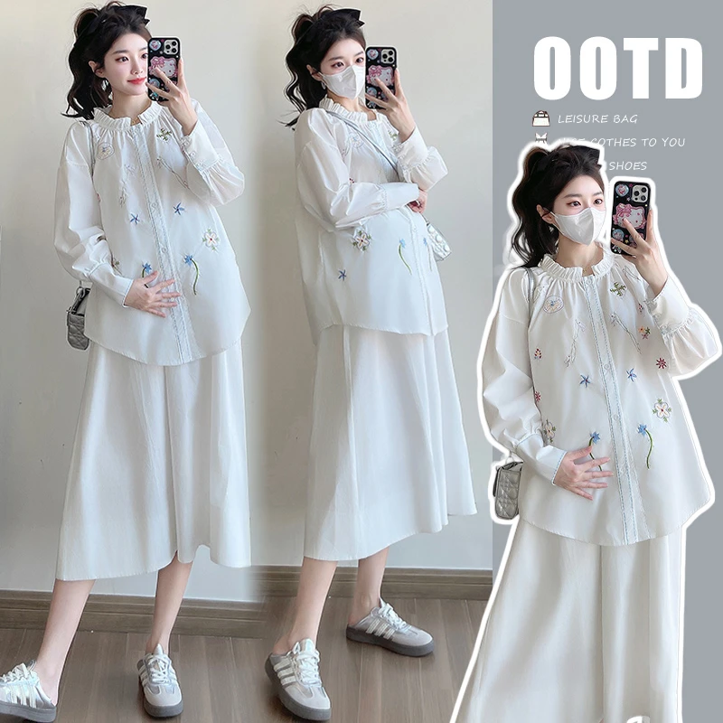 孕妇套装春季2025新款韩版宽松刺绣衬衫春夏外穿刺绣娃娃衫两件套