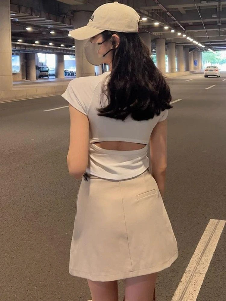 圆领正肩短袖t恤夏季女装2025新款后背镂空收腰短款辣妹上衣夏装