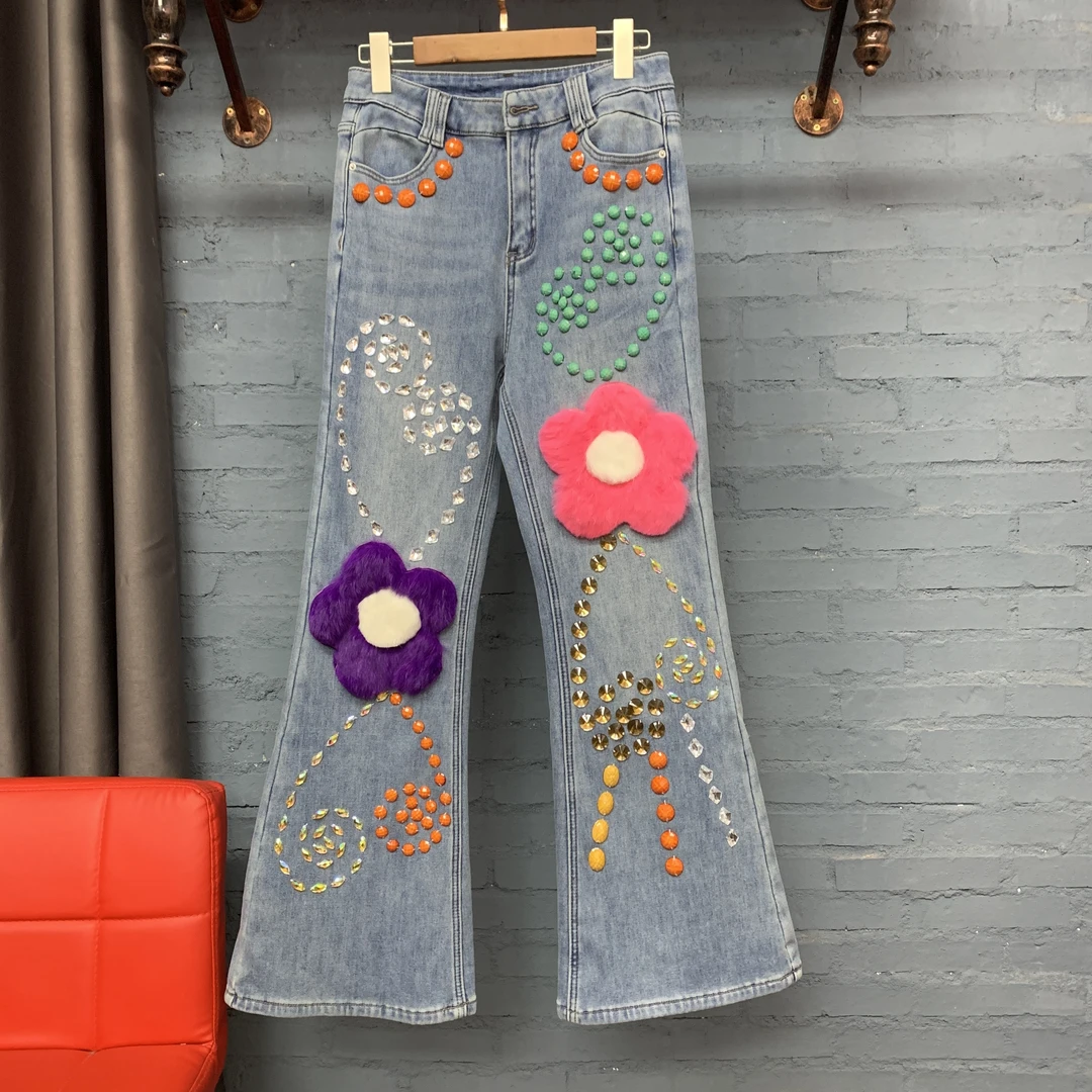 加绒显瘦高腰弹力蓝色牛仔喇叭裤