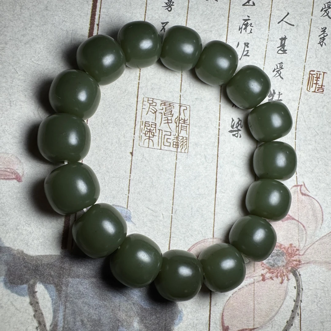 天然和田玉特细青玉老型珠11*13mm手串 随机发货