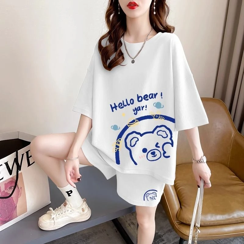 纯棉短袖短裤套装女夏季2025新款宽松时尚大码运动风穿搭一整套