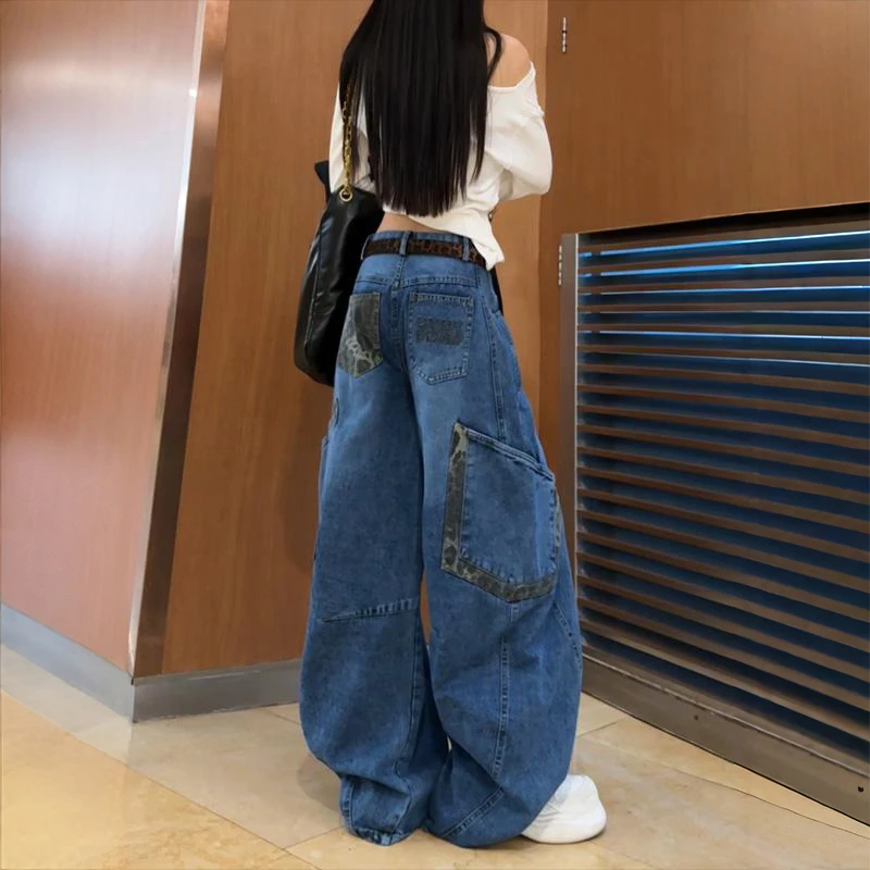 美式豹纹拼接弯刀牛仔裤男女小众工装阔腿镰刀裤街头设计感遛弯裤