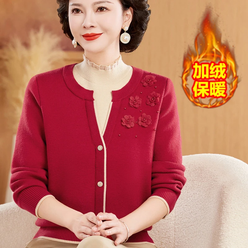 妈妈冬装假两件半高领针织衫中老年女装加绒加厚毛衣保暖洋气上衣