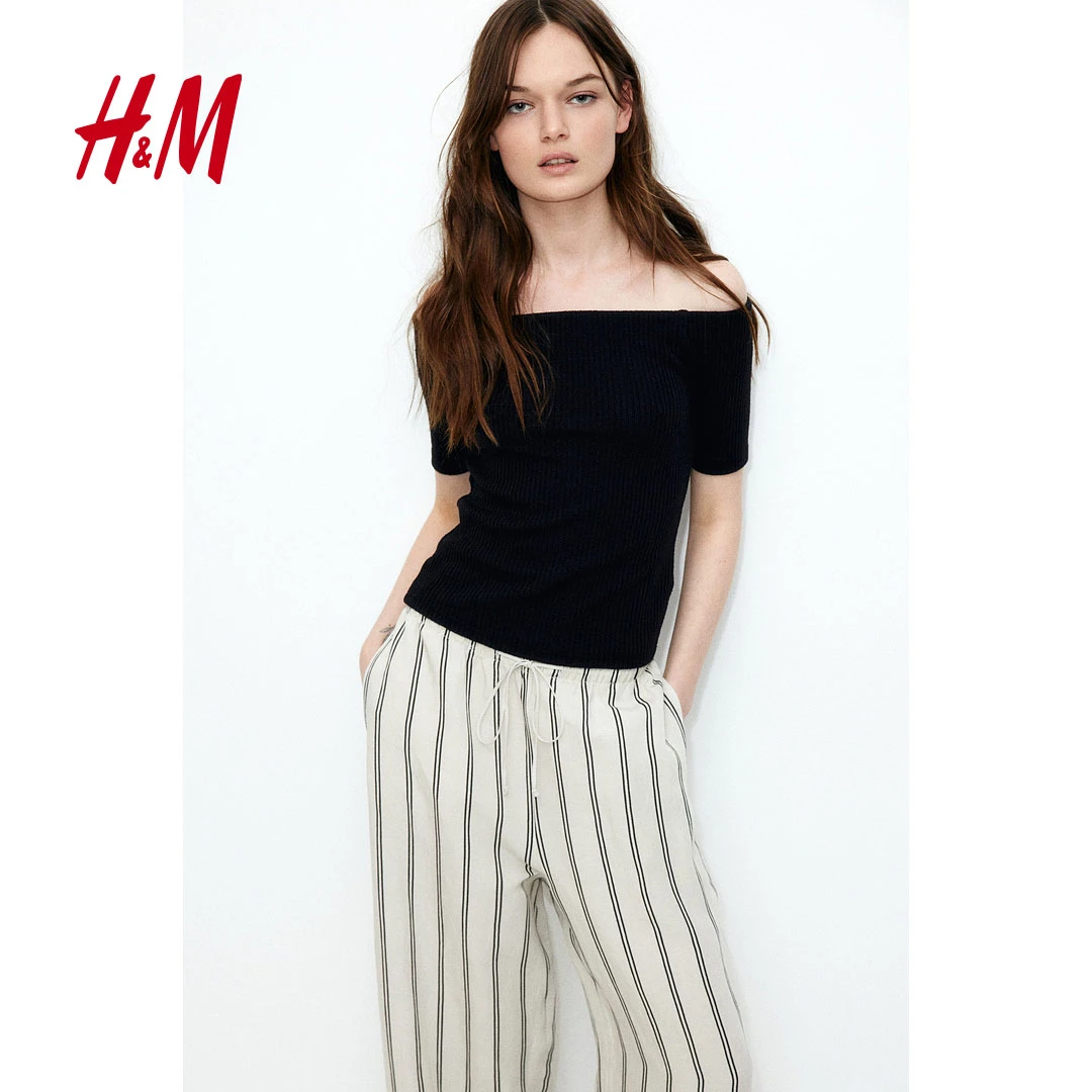 HM女装2025春季新款气质修身显瘦罗纹针织一字肩短袖上衣1283615