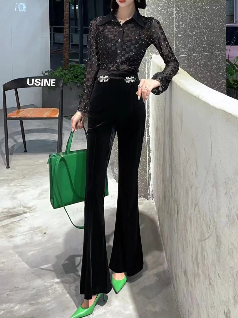 9991-A-3-3-4 高端丝绒微喇裤高腰时尚气质洋气显瘦垂坠感喇叭裤