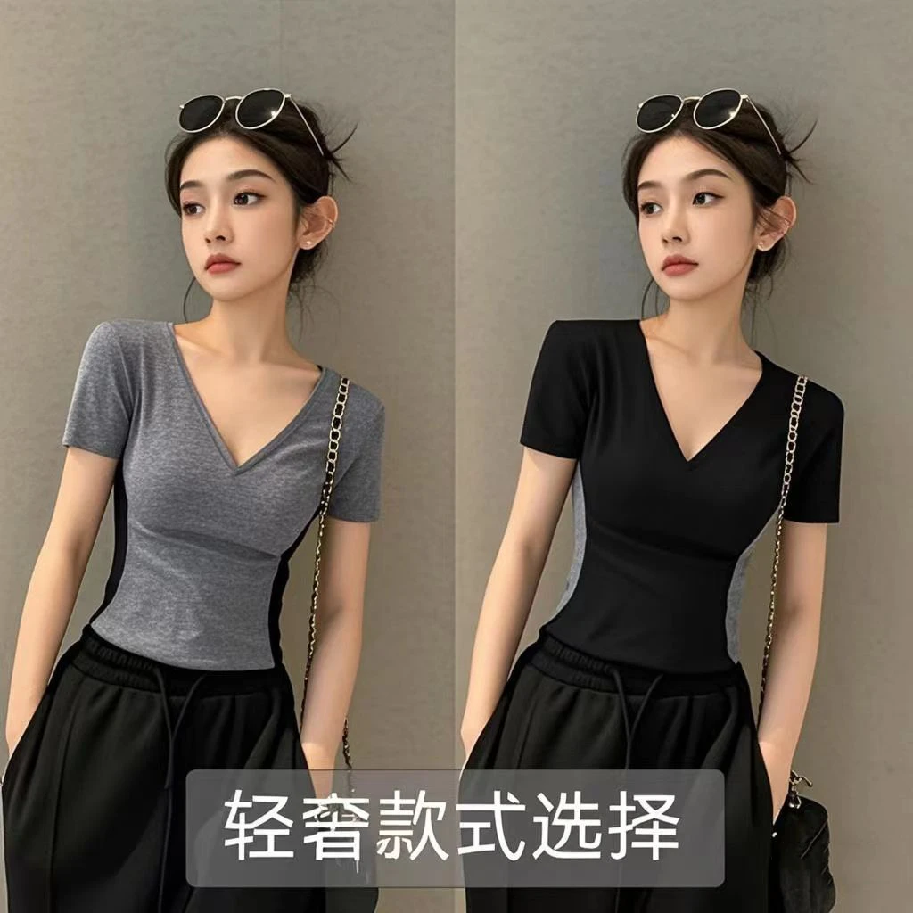 弹力螺纹2025年新款拼色短袖T恤女修身V领打底衫撞色轻奢高级感潮