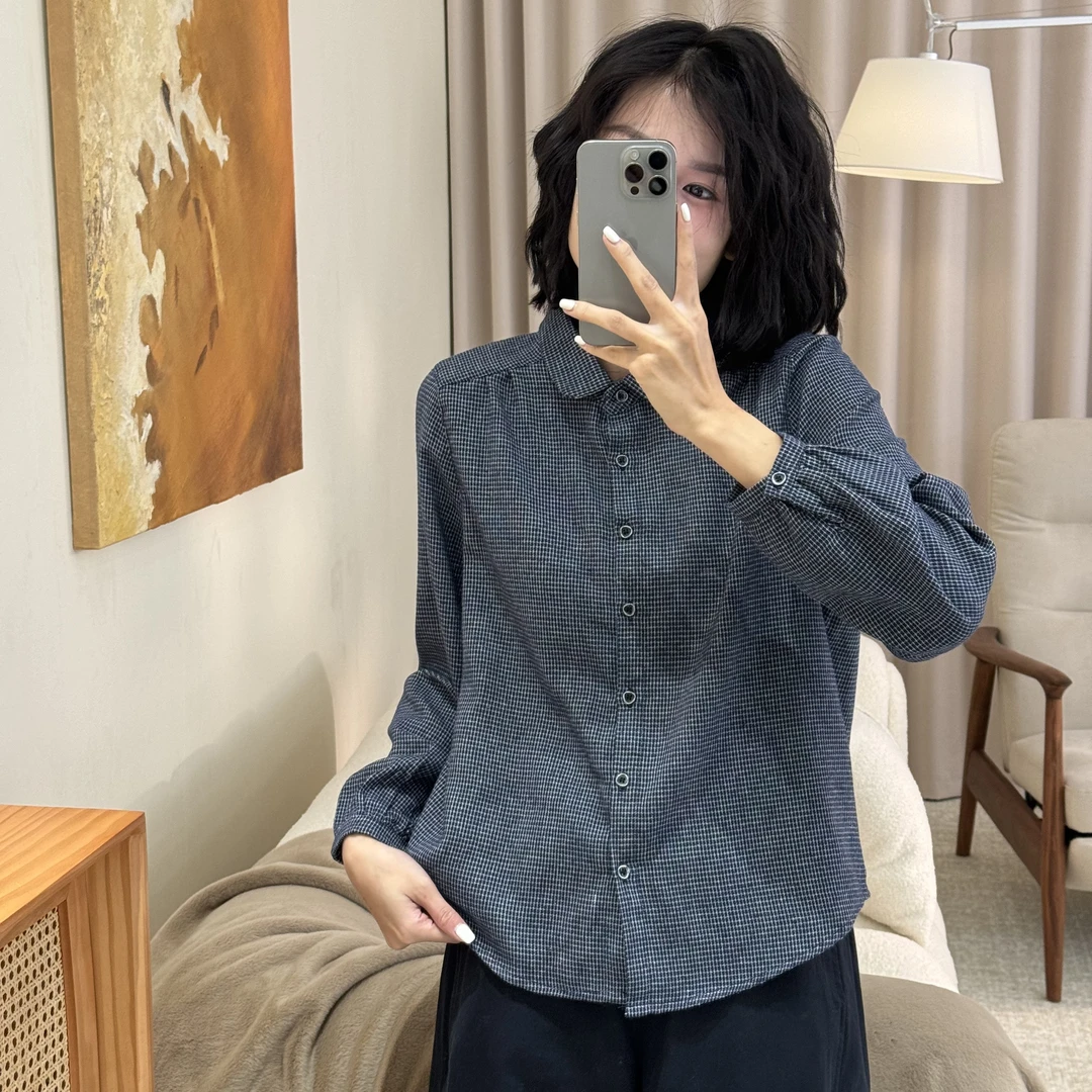 喜樂  2025色织格子翻领衬衫春季新款时尚百搭文艺复古休闲女上衣
