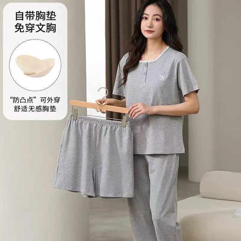 {拍一发三}夏季新款纯棉女士短袖睡衣套装 精致时尚休闲可外穿