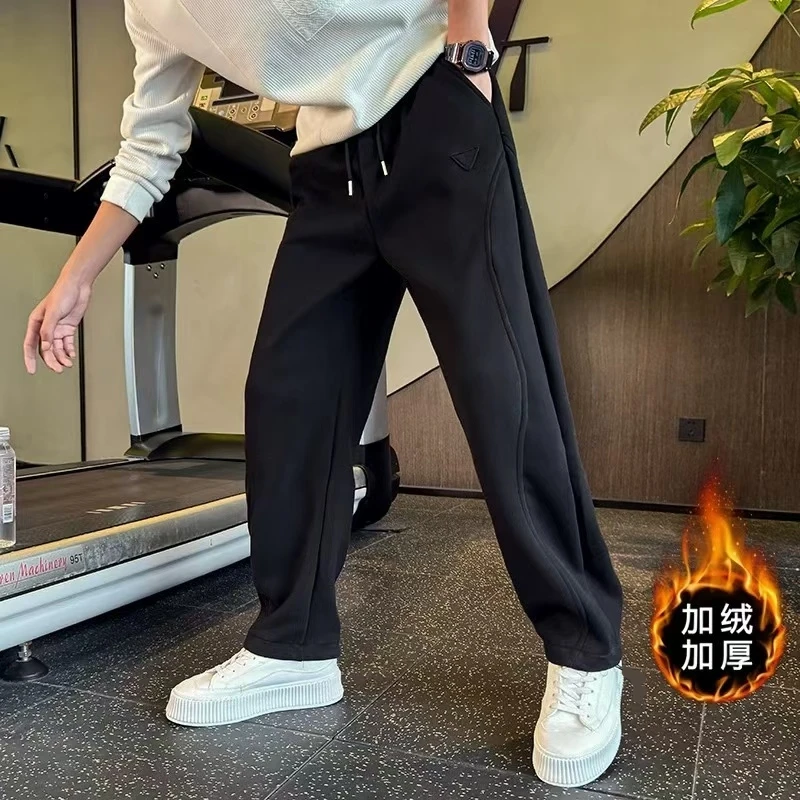 冬季新款男士直筒弯刀休闲长裤加绒加厚亲肤舒适百搭帅气高腰卫裤