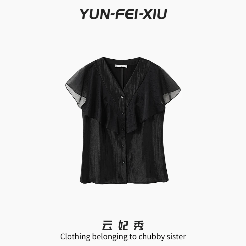云妃秀大码女装衬衫时尚休闲宽松潮流遮肉胖妹妹V领百搭夏季1071