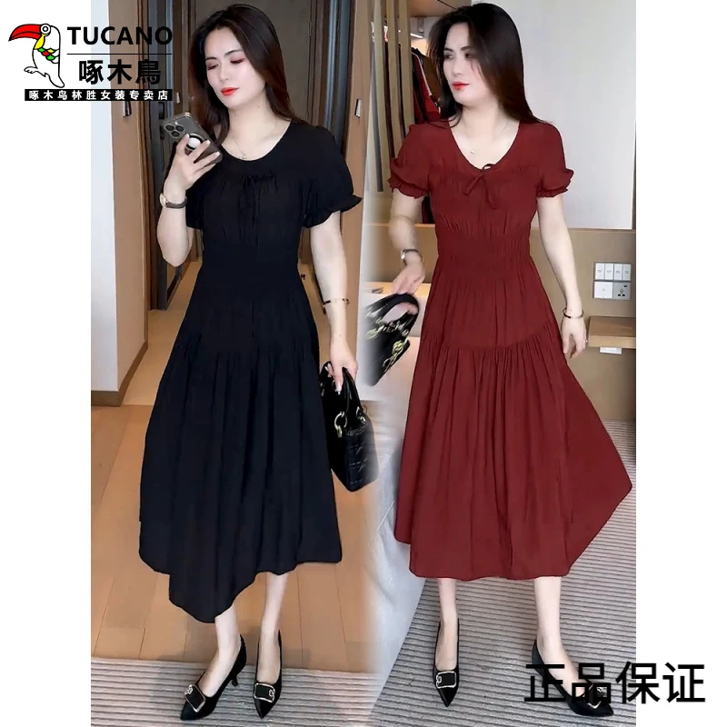 啄木鸟雪纺短袖连衣裙女2025夏季新款洋气质显瘦收腰中长款过膝减