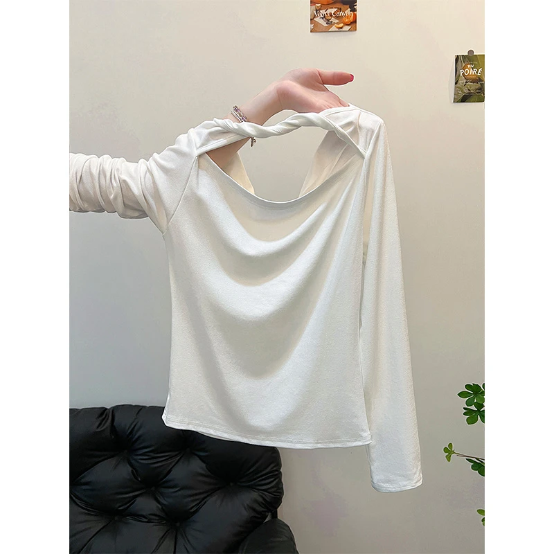 早秋纯欲甜辣妹镂空露背荡领打底衫女内搭设计感小众长袖t恤上衣